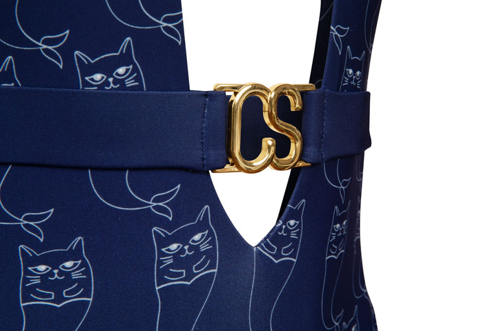 Hardware detail of belt buckle on nipsea plunge front swim suit  by catnip and seaweed