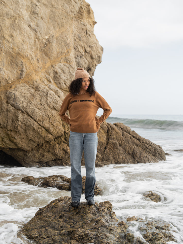 the cashmere catnip + seaweed sweater in black and tan