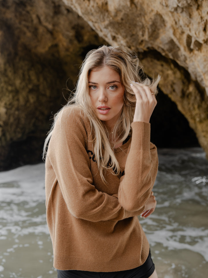 the cashmere catnip + seaweed sweater in black and tan