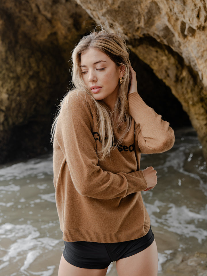 the cashmere catnip + seaweed sweater in black and tan