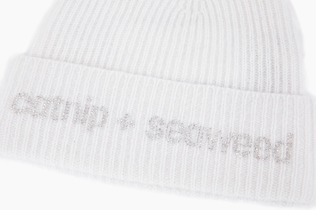 Translucent Rhinestone Detail Shot on white cashmere beanie by catnip and seaweed