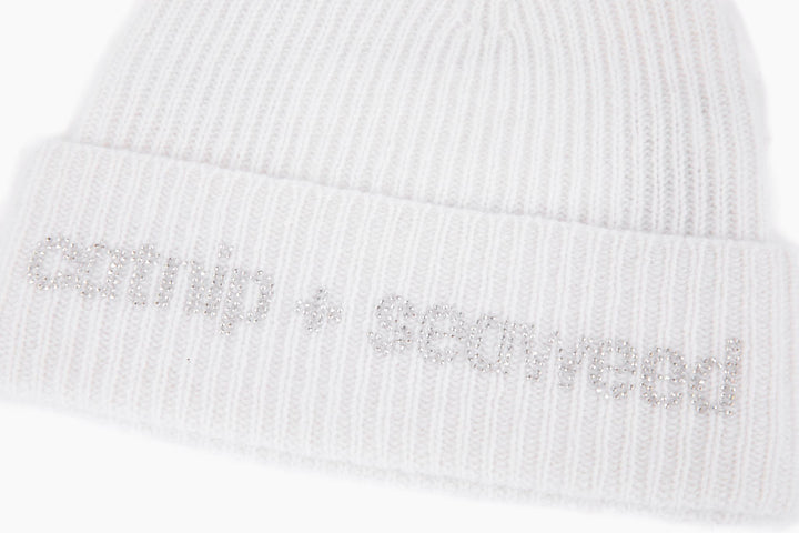 Translucent Rhinestone Detail Shot on white cashmere beanie by catnip and seaweed