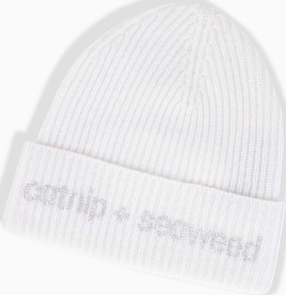 White Ribbed Knit Cashmere Beanie with Translucent Rhinestones by catnip and seaweed