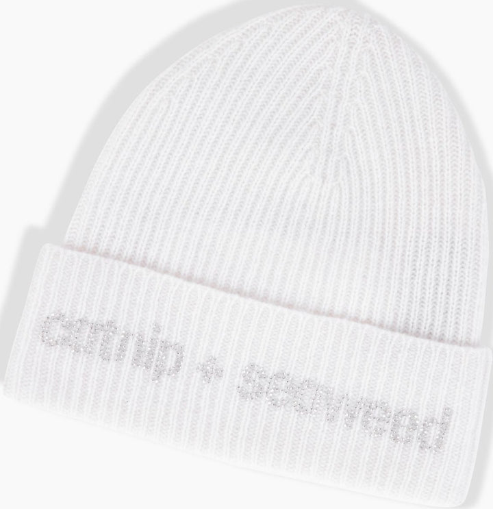 White Ribbed Knit Cashmere Beanie with Translucent Rhinestones by catnip and seaweed