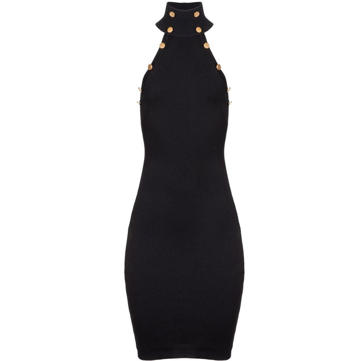 Black double button halter knit dress front view by catnip and seaweed